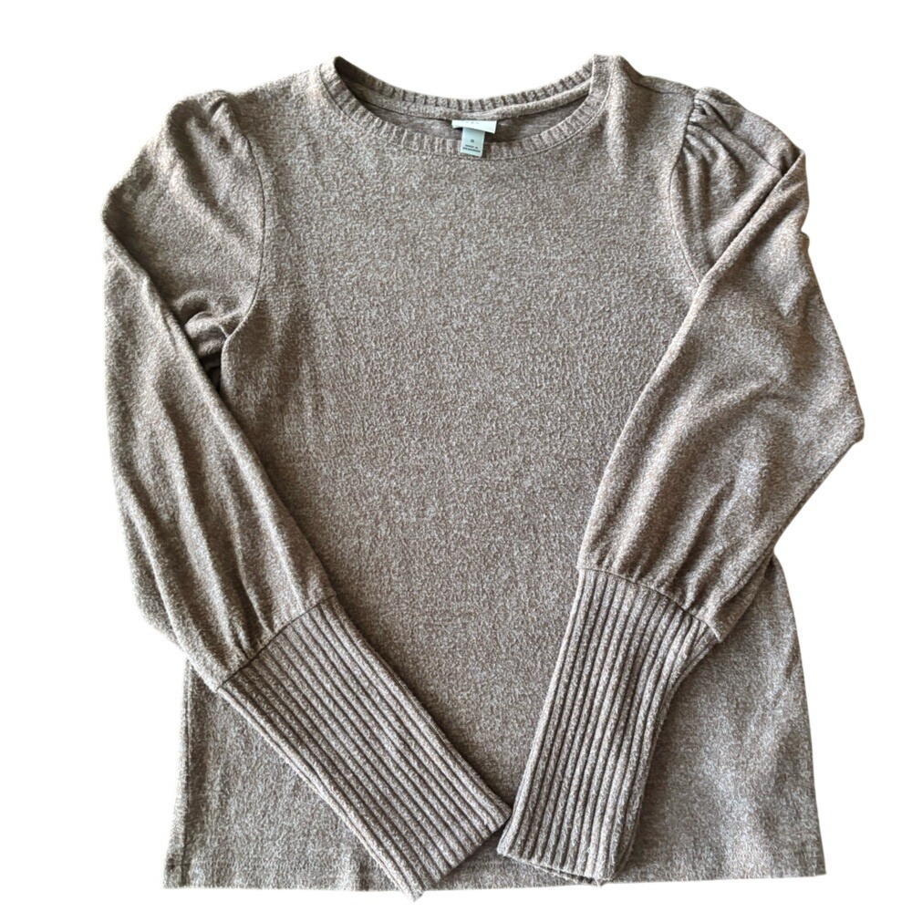 A New Day Women's Brown Crewneck Knit Sweater Long Puff Sleeve Size S Small